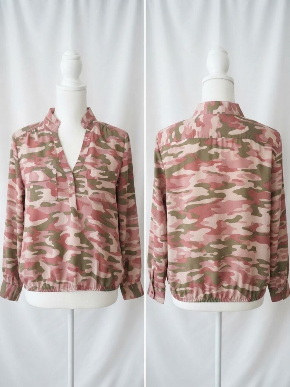 NY&C New York & Company Pink Camo Blouse Size XXL Mock Neck Long Sleeve Shirt
